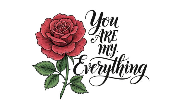 Detailed red rose illustration with leaves and "You Are My Everything" elegant calligraphy text.