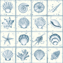Watercolor sea shell traditional delft tiles seamless pattern