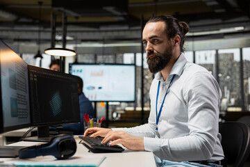 Business IT analyst using AI digital tools and deep learning models, performing data analysis and prediction for innovation creating adaptive optimized business solutions. Cloud computing