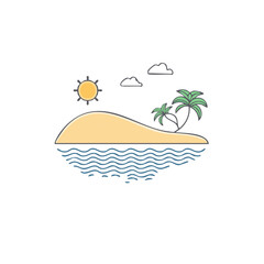 Fototapeta premium Deserted Island Paradise with Palm Trees, Waves, and Sun Minimalist Design