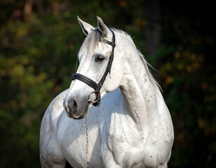 A regal white horse with black bridle poses against a leafy background