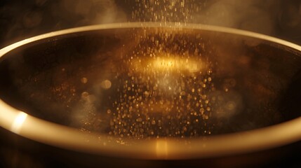 A glowing Tibetan singing bowl releases golden particles as it is played with a wooden mallet.