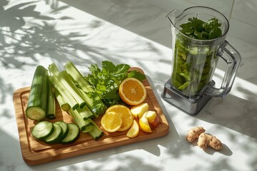 Fresh green juice ingredients arranged on a sunlit kitchen counter.