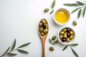 Fresh olives and olive oil arranged with leaves on a clean white background.