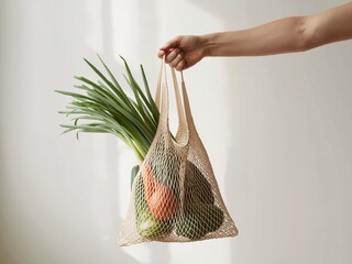 A hand holds a mesh bag filled with fresh colorful vegetables against a clean background.