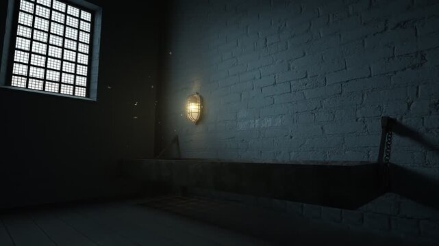 3D Animation of grunge prison cell with bed and cell lighting