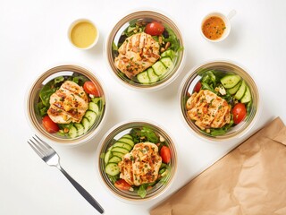 Eco-friendly salad bowls with fresh ingredients and dressing on a clean white background.