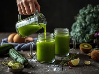 Green juice is being poured into two glass mugs surrounded by fresh fruits and vegetables.