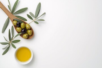 Fresh olives and olive oil arranged with leaves on a clean white background.