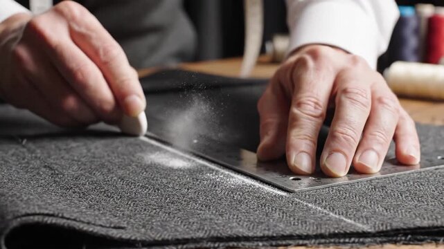 Tailor marking fabric with chalk and ruler for precise garment construction.