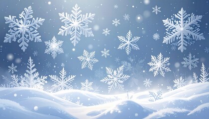 Ilustraci&oacute;n de un paisaje invernal con copos de nieve de distintas formas cayendo sobre colinas nevadas y un bosque de pinos bajo un cielo azul fr&iacute;o.