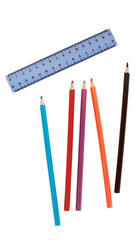 Multicolored pencils and ruler top view, clipart sticker