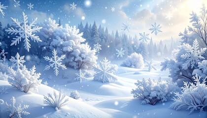 Ilustraci&oacute;n de un paisaje invernal con copos de nieve de distintas formas cayendo sobre colinas nevadas y un bosque de pinos bajo un cielo azul fr&iacute;o.