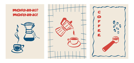 Whimsical cafe doodles featuring coffee cups and breakfast items. Sketch style icons including beans, espresso and cappuccino. Ideal for menu design, branding or retro posters. Vector illustration