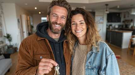 Happy white couple holding keys in new home, smiling man and woman posing in modern living room, concept of mortgage and ownership