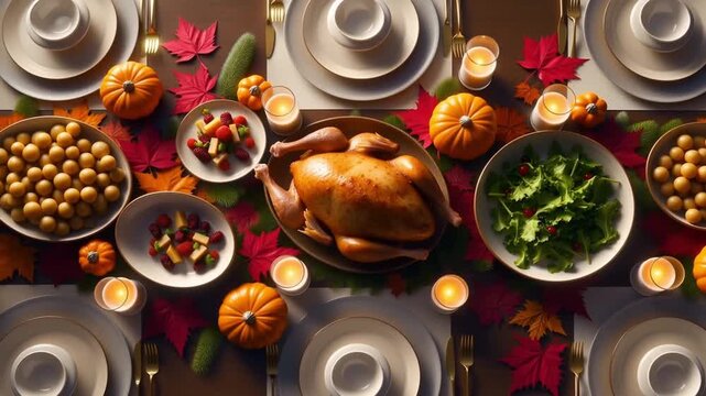 A festive dining table set for a Thanksgiving celebration, with a roasted turkey, pumpkins, and autumn decorations Stock Video