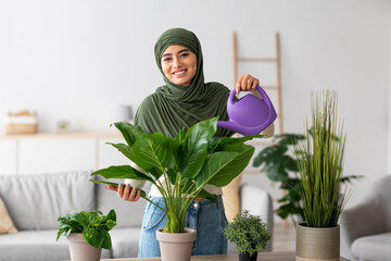 A beautiful young Arab woman in hijab tends to her houseplants with care. She wateres potted plants in a serene living space, fully engaged in her peaceful hobby during the day. © Prostock-studio