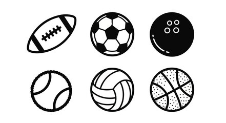 Fototapeta premium Collection of six sports balls icons in black and white, including football, soccer ball, bowling ball, baseball, volleyball, and basketball, on a plain white background.