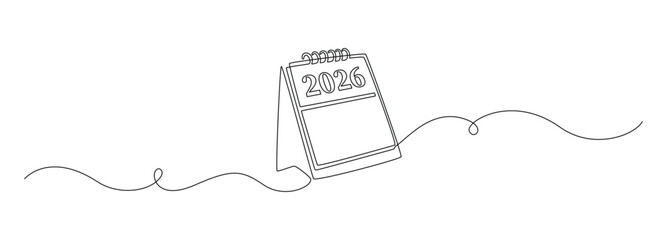 Loose-leaf calendar 2026 in one continuous line drawing. Symbol of memorable date and event day in simple linear style. Time planer concept in Editable stroke. Doodle handwriting vector illustration