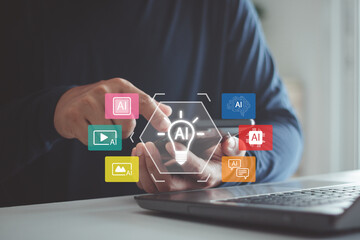 Artificial intelligence concept. Businessman using smartphone and laptop with AI application icons. Smart technology, digital automation, data processing and innovation for modern business solutions.
