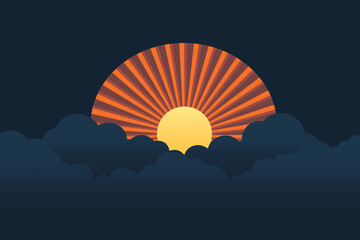 Sunset. Sunrise over clouds with rays. Vector illustration
