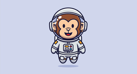 Obraz premium A cartoon monkey in a white astronaut suit and helmet with a cheerful expression floats against a light blue background.