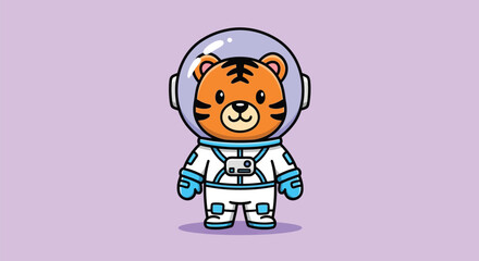 A cartoon tiger character wearing a white spacesuit and helmet stands against a pastel purple background with a subtle shadow.