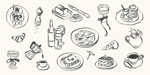 Naklejka premium Italian food set in hand drawn whimsical style. Quirky chalk doodles of breakfast and dinner meals. Crayon drawing for menus and invitations. La dolce vita outline vector illustration