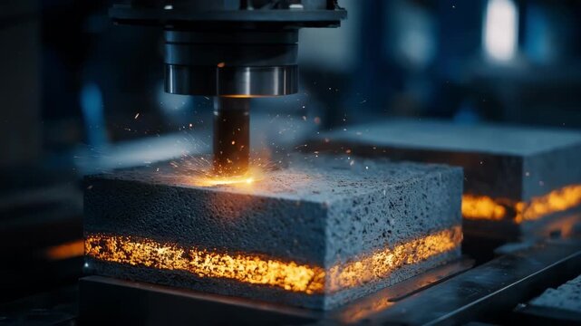 Dynamic medium shot of composite material press hardening highlighting layered reinforcement and simultaneous forming with advanced robotics and high pressure.