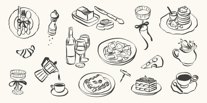 Italian food set in hand drawn whimsical style. Quirky chalk doodles of breakfast and dinner meals. Crayon drawing for menus and invitations. La dolce vita outline vector illustration