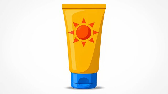 Animated yellow sunscreen bottle appearing amidst colorful sunburst rays on white background, illustrating summer skin protection.