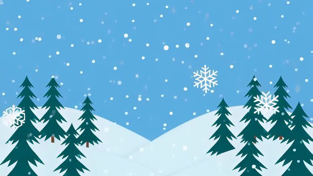 Blue winter landscape animation with falling white snow and green pine trees on hills, ideal for a festive Christmas background.