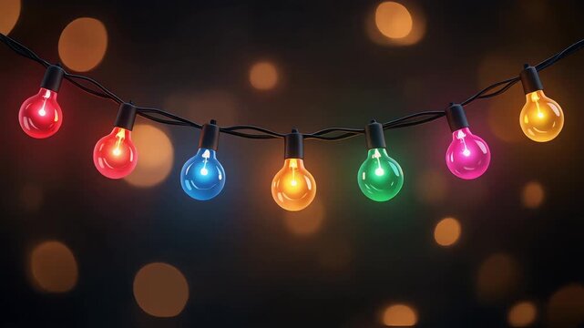 Festive string of glowing multicolor Christmas lights hanging against a dark bokeh background.