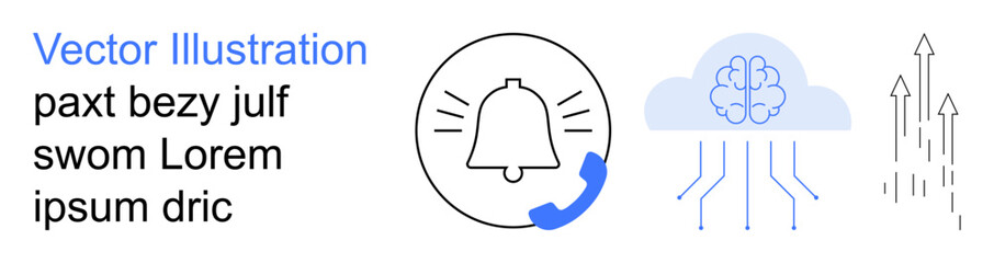 Digital transformation, cloud computing, communication tools, artificial intelligence, notifications, business growth. Icon set includes a bell, cloud with brain and upward arrows. Digital