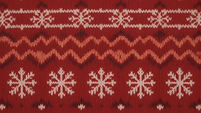 Seamless animated red knitted Christmas sweater pattern with white snowflakes and geometric lines, looping as a festive winter holiday background