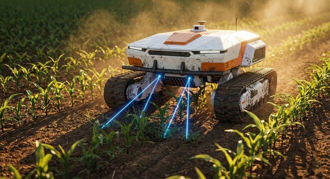 Small autonomous tracked robot weeding or analyzing soil in corn field with blue laser sensors, smart farming technology, precision agriculture innovation for crop monitoring.