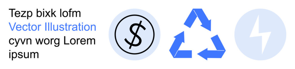 Finance, sustainability, energy, environmental awareness, eco-friendly practices, power. Symbols of a dollar sign, recycling arrows and a lightning bolt. Finance and sustainability elements