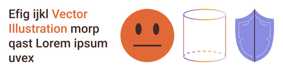 Emotional expression, security, data protection, design elements, safety, conceptual art. A neutral face emotion, a transparent cylindrical shape and a blue shield icon. Emotional expression