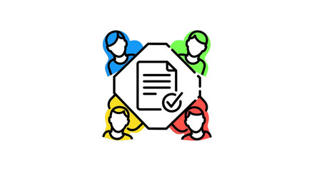 collaborative document approval workflow icon with diverse team avatars around checklist form illustrating online project management and review