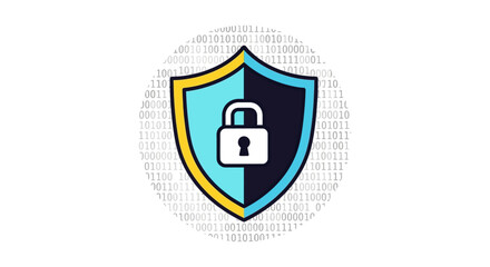 cybersecurity shield icon with padlock securing binary code data flat vector illustration for network protection privacy policy and it security
