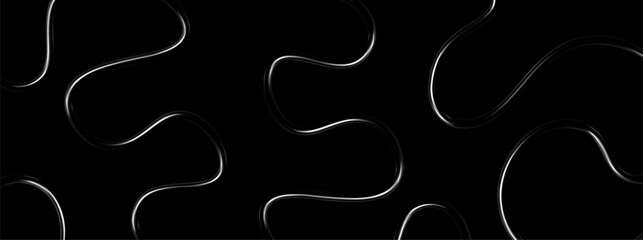 Abstract 3d chrome spiral line. Pattern y2k silver wave shape. Futuristic trend line curve, glossy swirl, black steel ribbon. Vector illustration