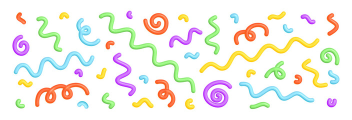 Abstract line shape pattern. 3d wave colorful elements on white background. Fun doodle kid swirl, spiral, curve. Vector illustration for birthday, carnival, childish holiday design
