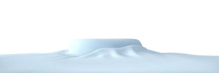 3d snow hill, snowdrift podium, winter sky. Wavy snowdrift winter podium, white mountain border. Vector element illustration for poster, winter greeting card, product presentation