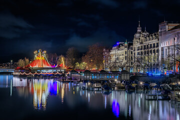 Cityscape of Zurich, Switzerland, at dusk over the Limmat River in Altstadt