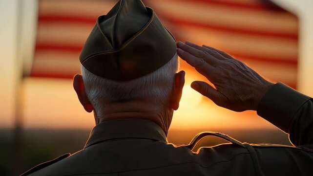 Rear view of a senior veteran saluting the American flag during a golden sunset, symbolizing honor and patriotism for Memorial Day concepts.