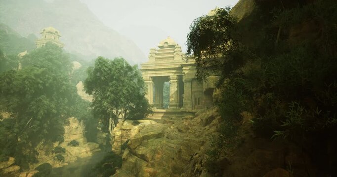 Majestic temple ruins are surrounded by dense foliage, with mist rolling through a tranquil valley. The sunlight softly illuminates the intricate stonework as nature reclaims the area.