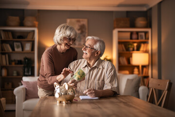 Joyful Elderly Couple Counts Money At Home With Piggy Bank, Notebook, And Cozy Living Room