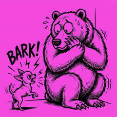 Small dog barks at large bear in a funny scene in color: soft purple bright