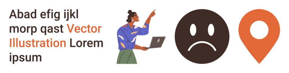 Education, presentation, navigation, emotions, business, communication. Woman holding a laptop and pointing, neutral face location pin. Education and navigation concepts