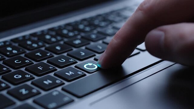 Finger pressing refresh button on laptop keyboard digital update concept